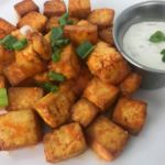 Tofu that has been coated in buffalo sauce and air fried. Served with vegan dipping sauce